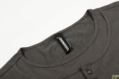 Washed Fake Layered Graphic Henley Long Sleeve T-Shirt WN28016