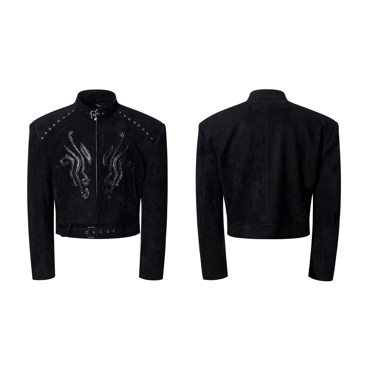 Suede Patchwork Leather Shoulder-Pad Stand Neck Padded Jacket & Pants Setup WN23255