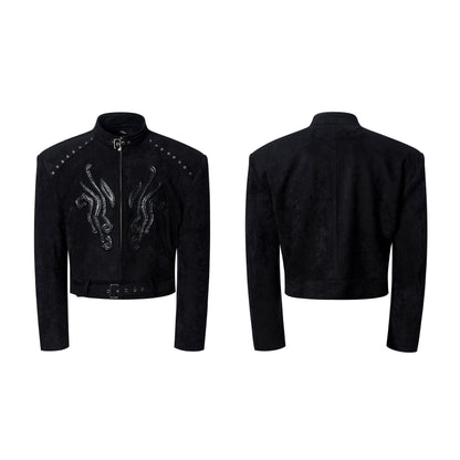 Suede Patchwork Leather Shoulder-Pad Stand Neck Padded Jacket & Pants Setup WN23255