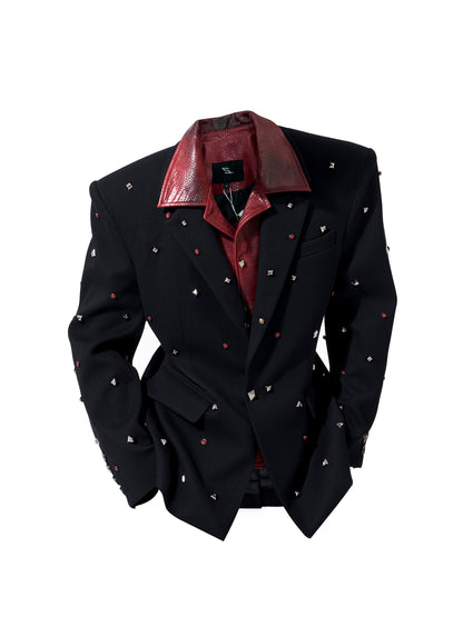 PU Leather Fake Layered Studs Design Tailored Jacket & Wide Leg Trousers Setup WN22648