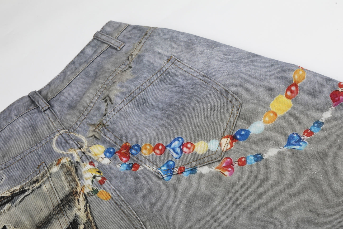 Washed Damage Embroidery Wide Leg Denim Jeans WN25388