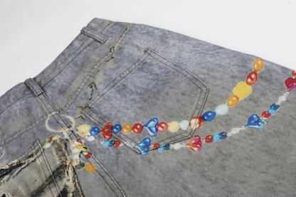 Washed Damage Embroidery Wide Leg Denim Jeans WN25388