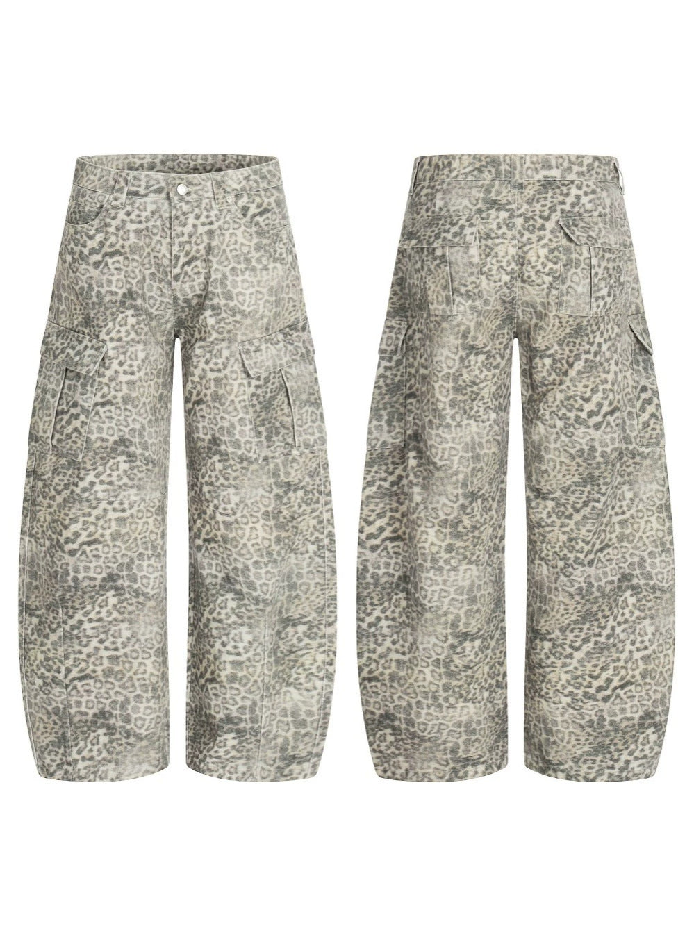 Leopard Print Washed Multi-Pocket Wide Leg Denim Jeans WN27926