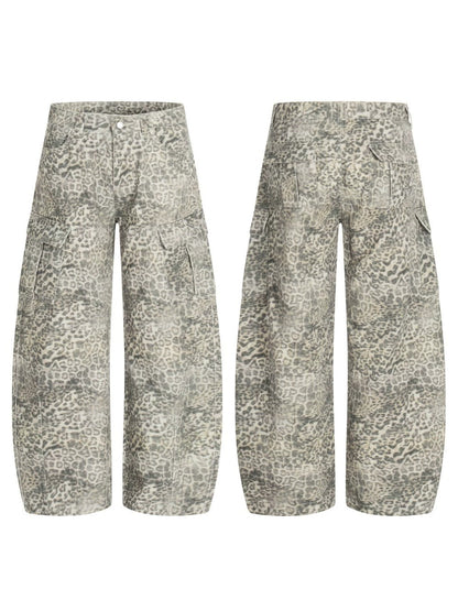 Leopard Print Washed Multi-Pocket Wide Leg Denim Jeans WN27926