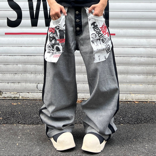 Print Contrast Panel Button Fly Wide Leg Denim Jeans WN24038