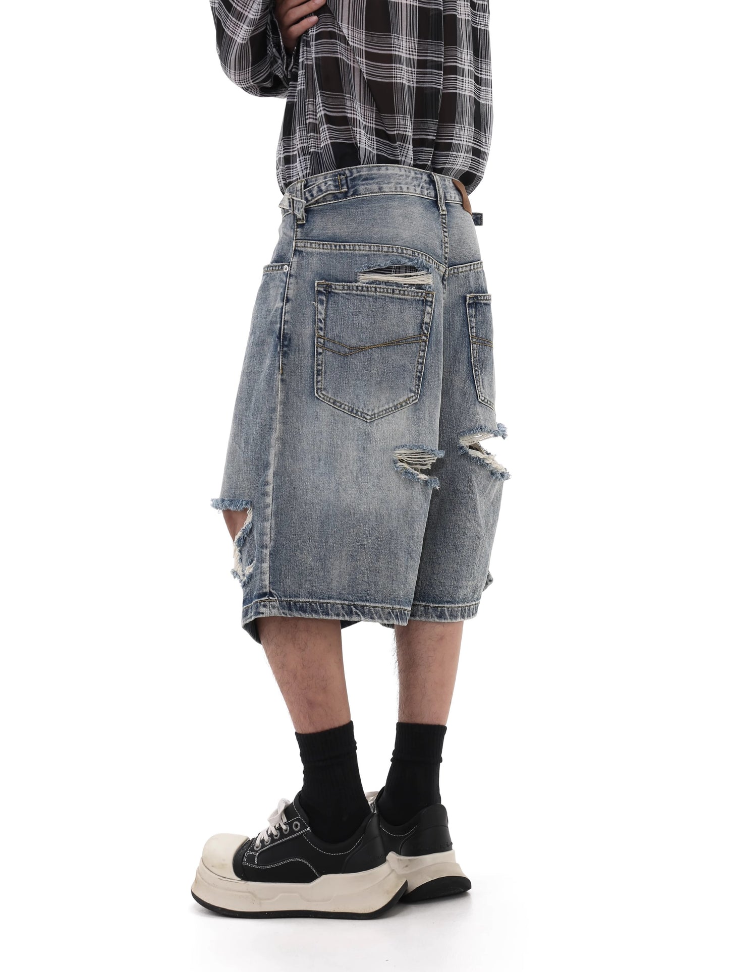 Damage Wide Leg Short Denim Jeans WN8010