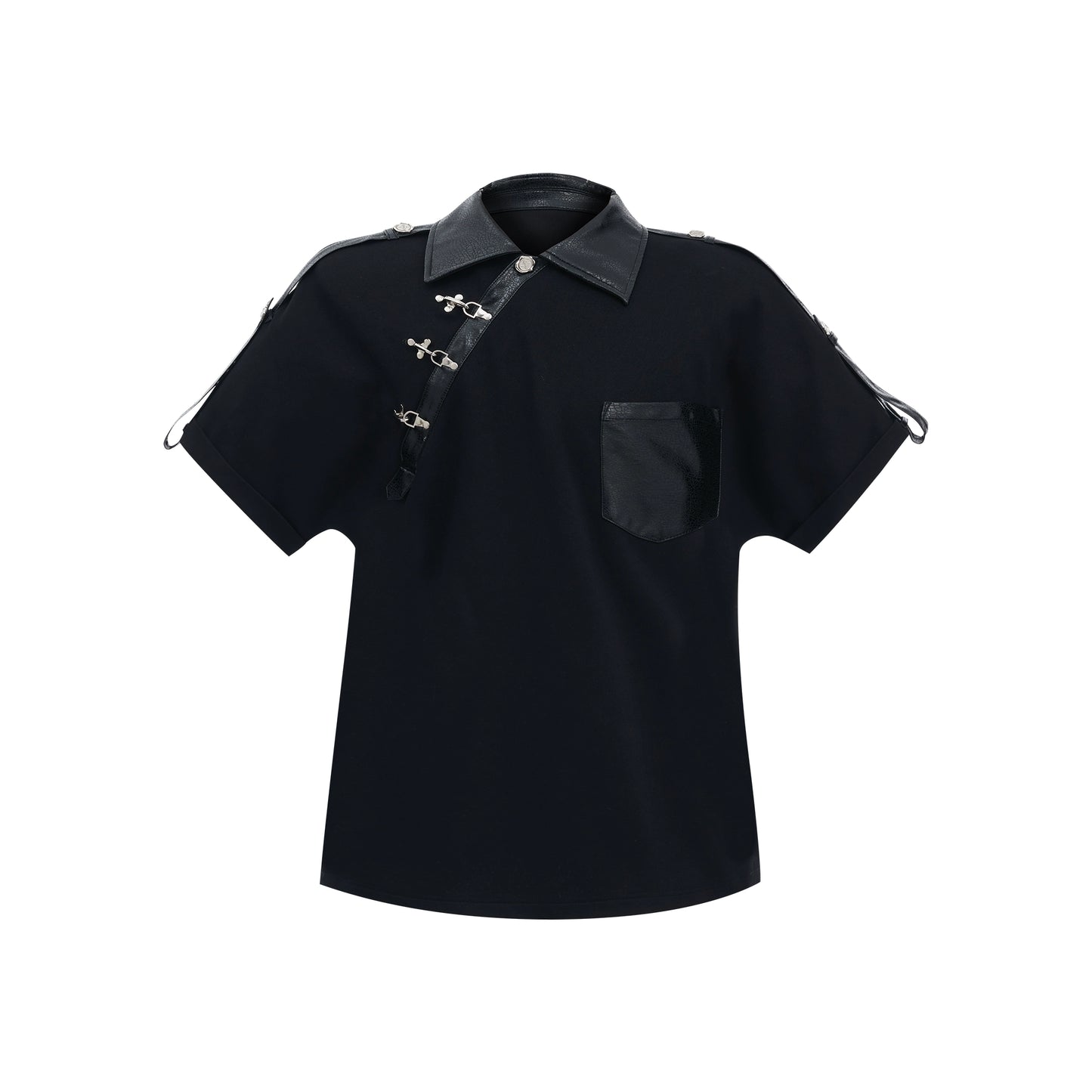 PU Leather Mix Shoulder Pad Polo Short Sleeve Shirt WN7478