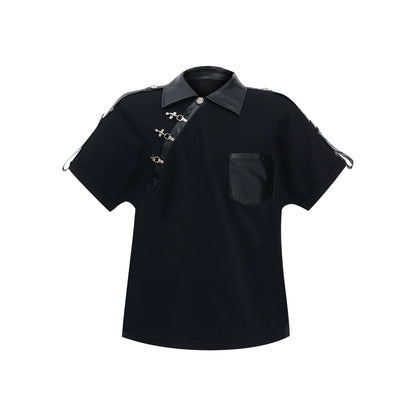 PU Leather Mix Shoulder Pad Polo Short Sleeve Shirt WN7478