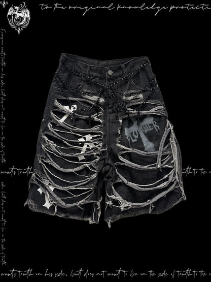 Washed Damage Design Five Pocket Half Denim Jeans & Belt & Waist Chain WN20092