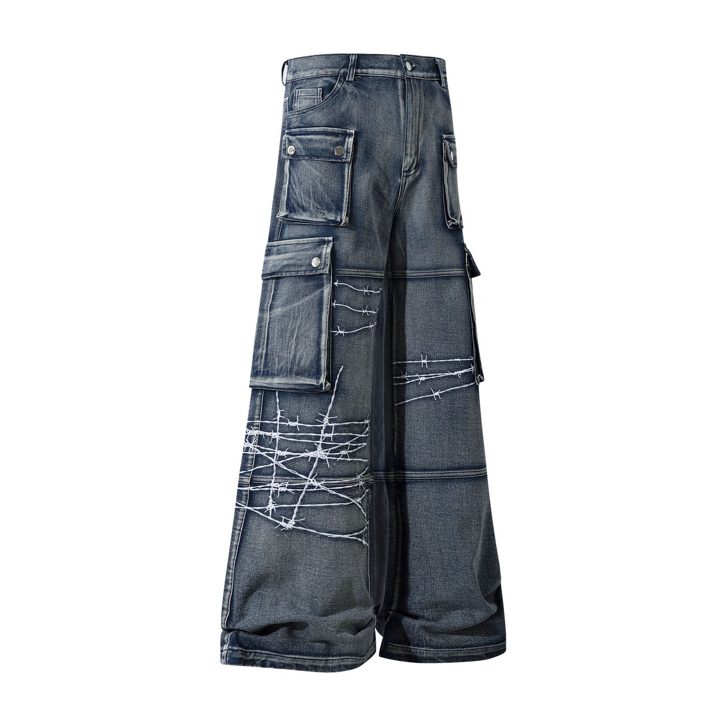 Cargo Pocket Embroidery Wide Leg Denim Jeans WN25718