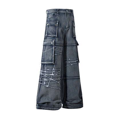 Cargo Pocket Embroidery Wide Leg Denim Jeans WN25718