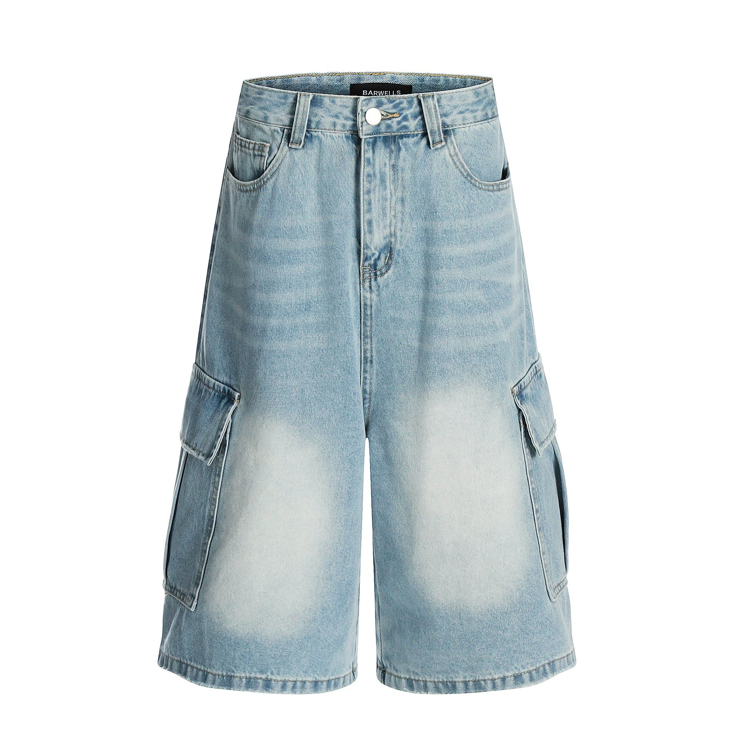 Washed Light Blue Multi-Pocket Wide Leg Denim Half Pants WN19555