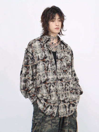 Oversize Reverse Cut Plaid Long Sleeve Shirt WN7712