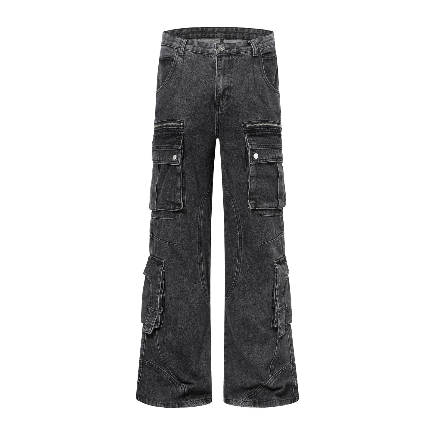 Multi-Pocket Washed Deconstructed 3D Cut Straight Cargo Denim Jeans WN20592