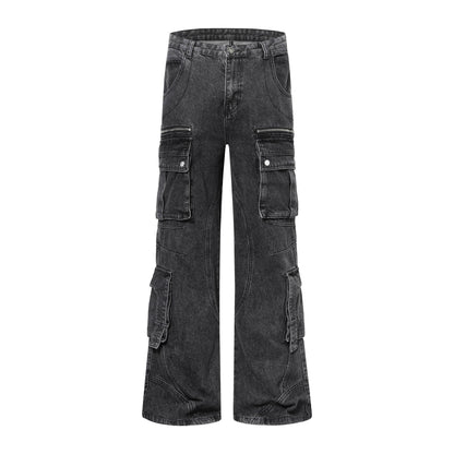 Multi-Pocket Washed Deconstructed 3D Cut Straight Cargo Denim Jeans WN20592