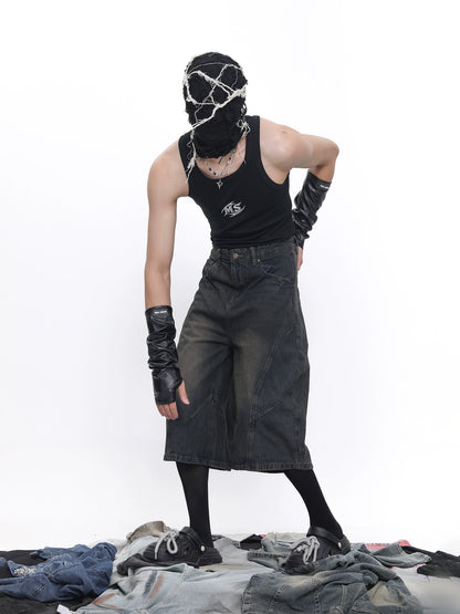 Deconstructed Curved Blade Design Wide Leg Half Denim Jeans WN18657