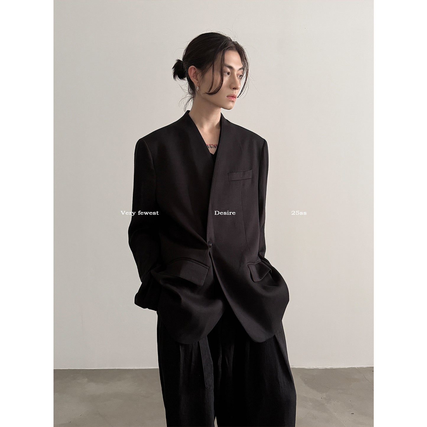 Shoulder-Pad V-Neck Tailored Jacket & Draping Wide-Leg Trousers Setup WN15292