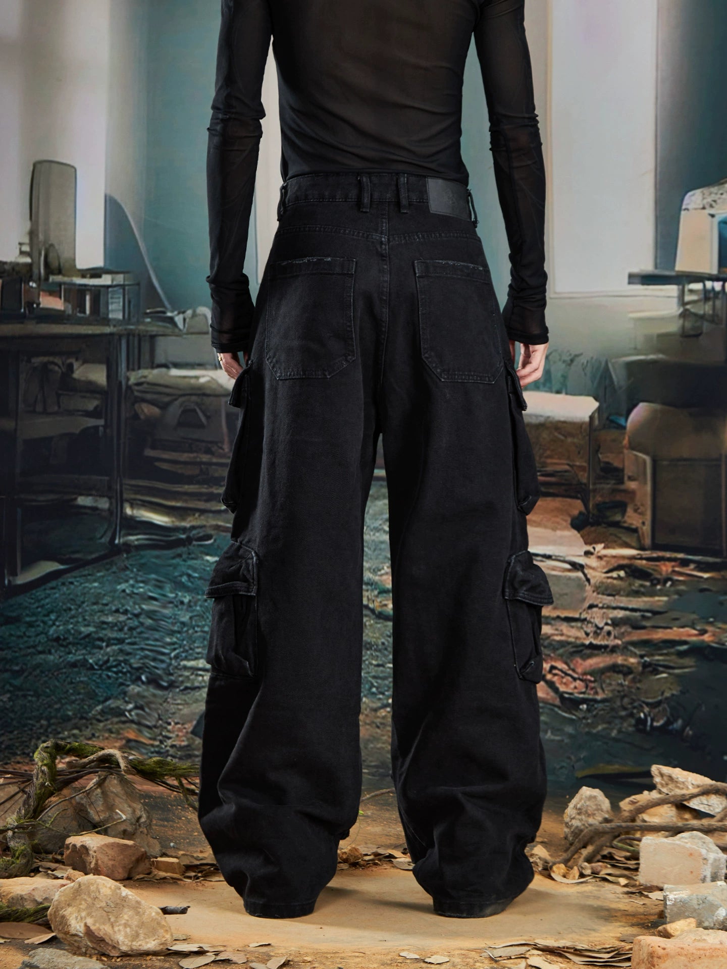 Washed Damage Multi-Pocket Cargo Denim Jeans WN20572