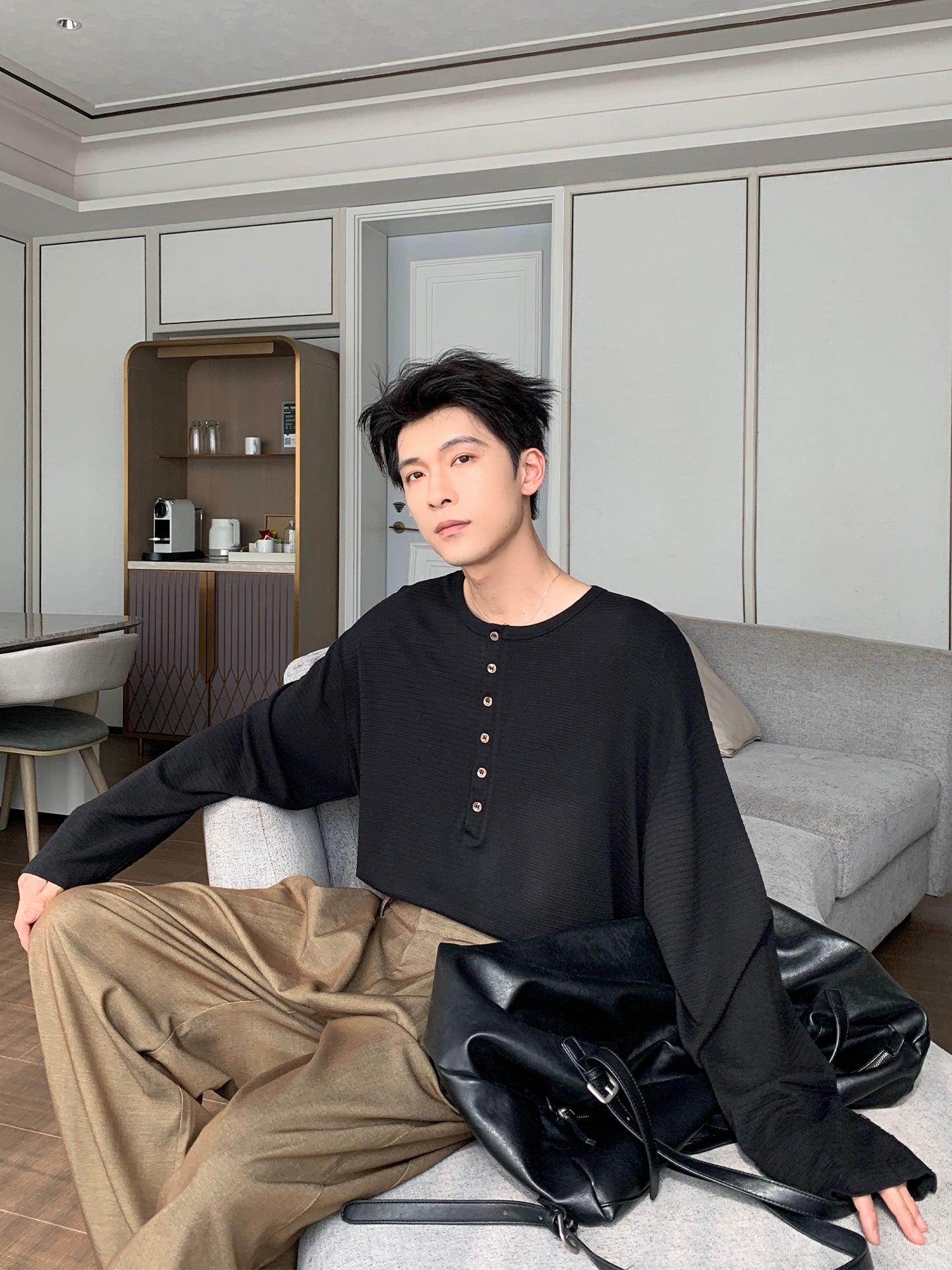 Wrinkle-Free Henry Neck Long Sleeve T-Shirt WN20476