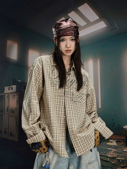 Print Oversize Plaid Long Sleeve Shirt WN20558