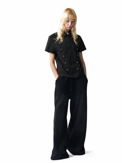 Metal Studs Zipper Short Sleeve Shirt WN27184