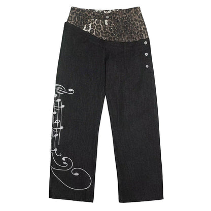 Double Waist Leopard Music Print Wide Leg Denim Jeans WN27235