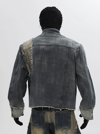Deconstructed Patchwork Washed Denim Jacket & Damage Wide Leg Denim Jeans Setup WN18681