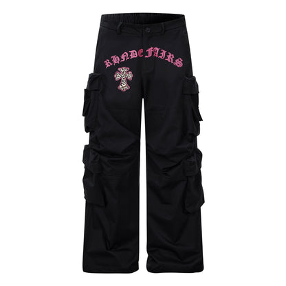 Multi Pocket Letter Print Straight Cargo Pants WN25988