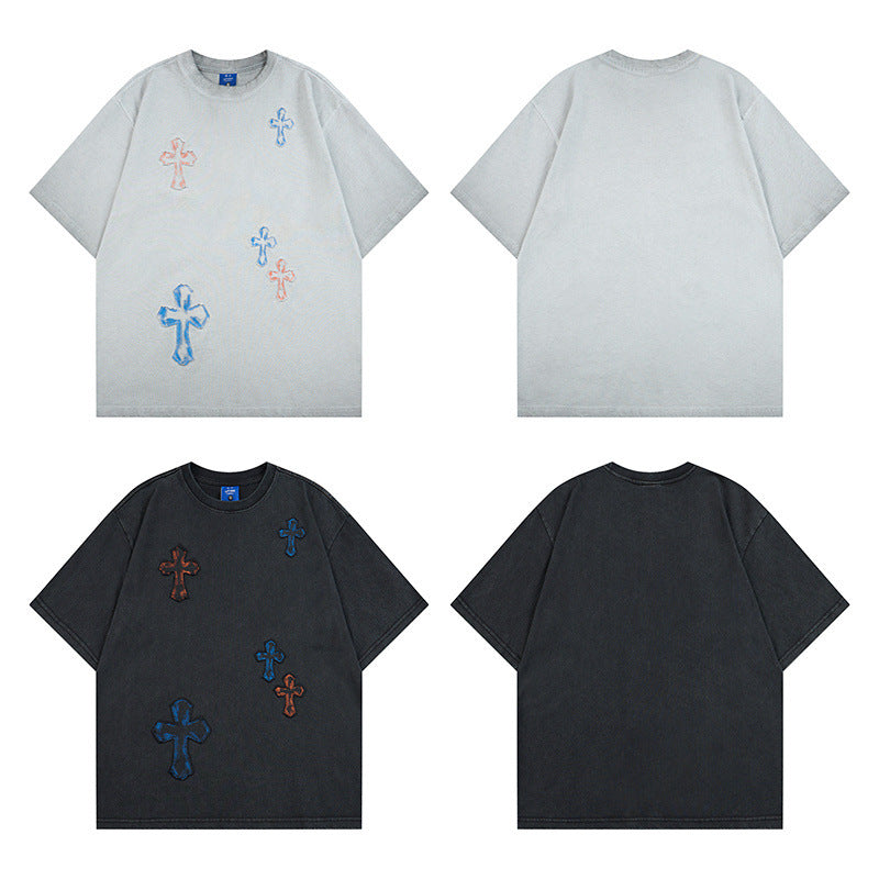 Washed Cross Applique Short Sleeve T-Shirt WN25439