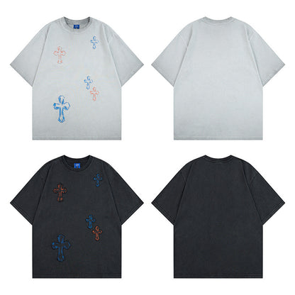 Washed Cross Applique Short Sleeve T-Shirt WN25439
