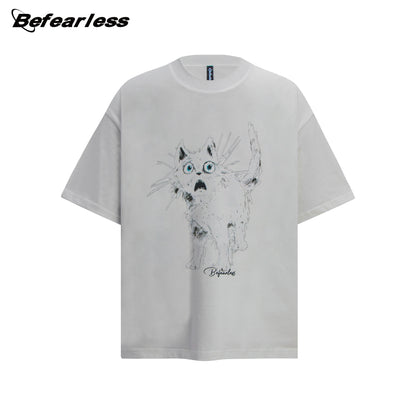 Surprised Cat Print Oversize Short Sleeve T-Shirt WN26358