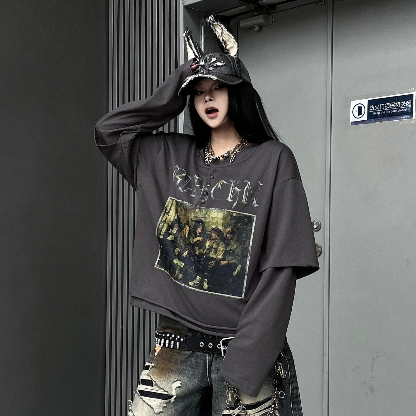 Henley Heavyweight Damage Fake Layered Long Sleeve T-Shirt WN24197