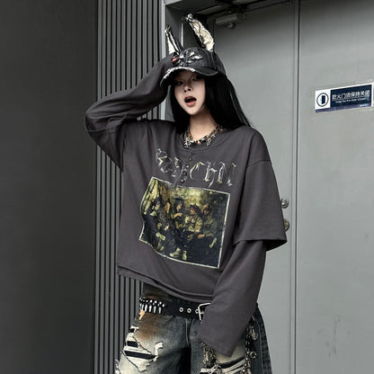 Henley Heavyweight Damage Fake Layered Long Sleeve T-Shirt WN24197