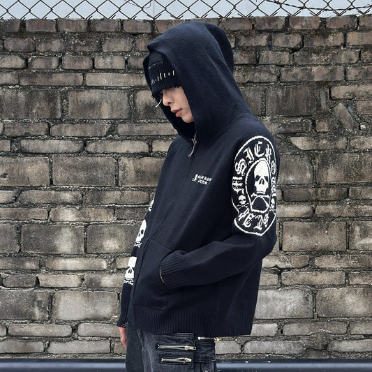 Skull Print Zipper Knit Hoodie WN22979