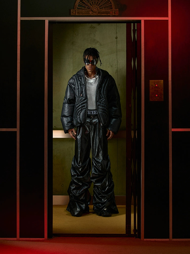 Matte Hooded PU Leather Puffer Jacket WN11699