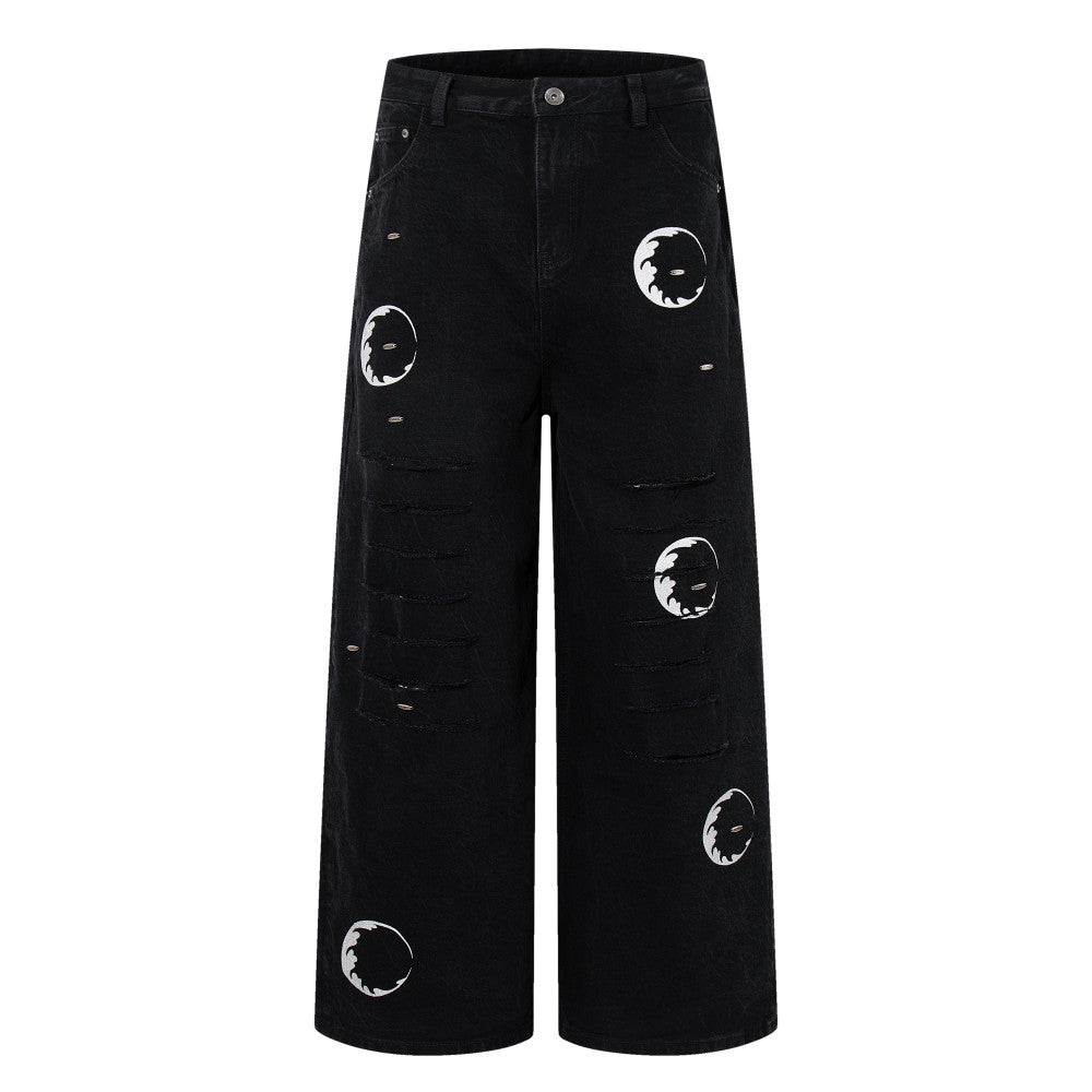 Ripped Circle Print Wide Leg Denim Jeans WN27892
