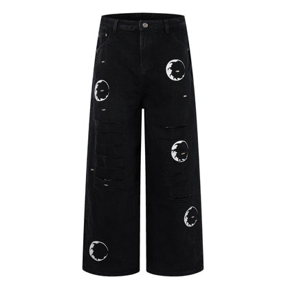 Ripped Circle Print Wide Leg Denim Jeans WN27892