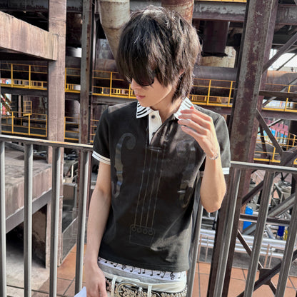 Musical Symbol Contrast Collar Short Sleeve Polo Shirt WN27243