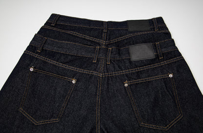 Fake Layered Double-Waist Wide Leg Denim Short Pants WN25667