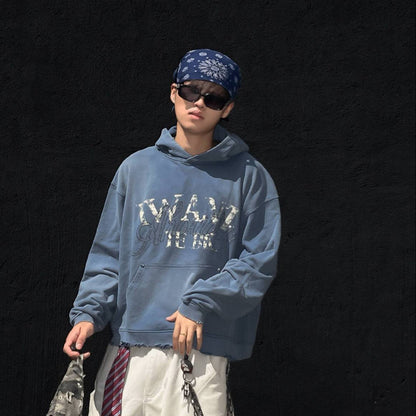 Washed Letter Rhinestone Design Damage Hoodie WN25384