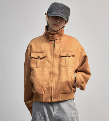 Stand Neck Suede Cargo Long Sleeve Jacket WN21192