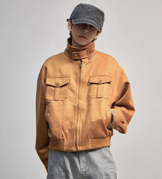 Stand Neck Suede Cargo Long Sleeve Jacket WN21192