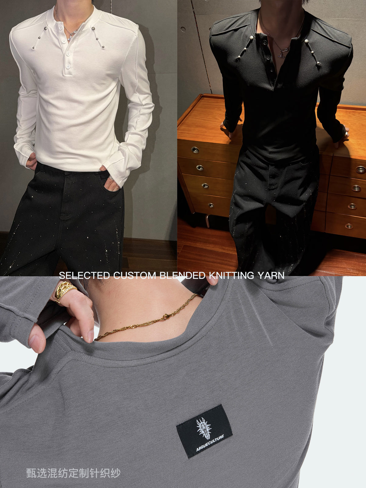 Henley Neck Rivet Stretch Long Sleeve T-Shirt WN27046