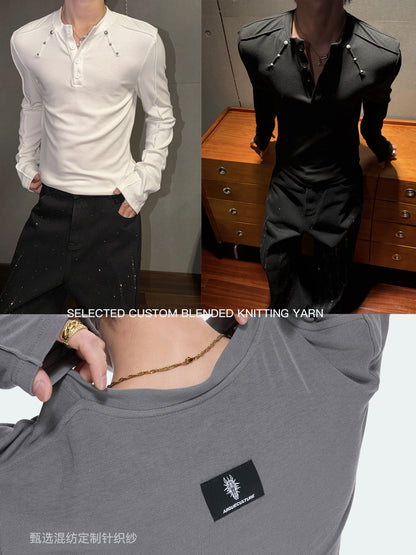 Henley Neck Rivet Stretch Long Sleeve T-Shirt WN27046