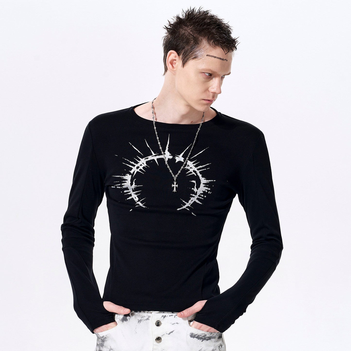 Silver Foil Print Long Sleeve T-Shirt WN23289