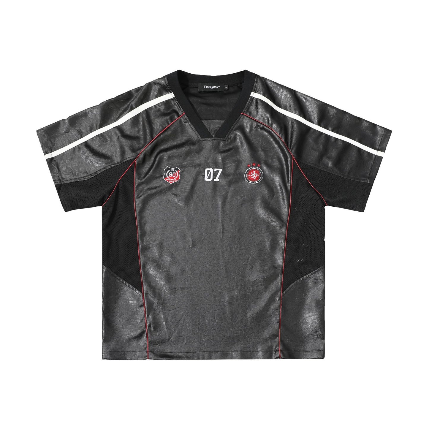 Chest Emblem PU Leather Stitching V-Neck Oversize Short Sleeve T-Shirt WN25655