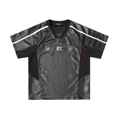 Chest Emblem PU Leather Stitching V-Neck Oversize Short Sleeve T-Shirt WN25655