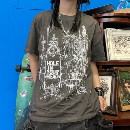 Washed Art Print Damage Short Sleeve T-Shirt WN16746