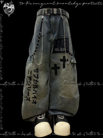 Letter Print Patchwork Cargo Wide Leg Denim Jeans & Belt & Chain & Scarf WN20123