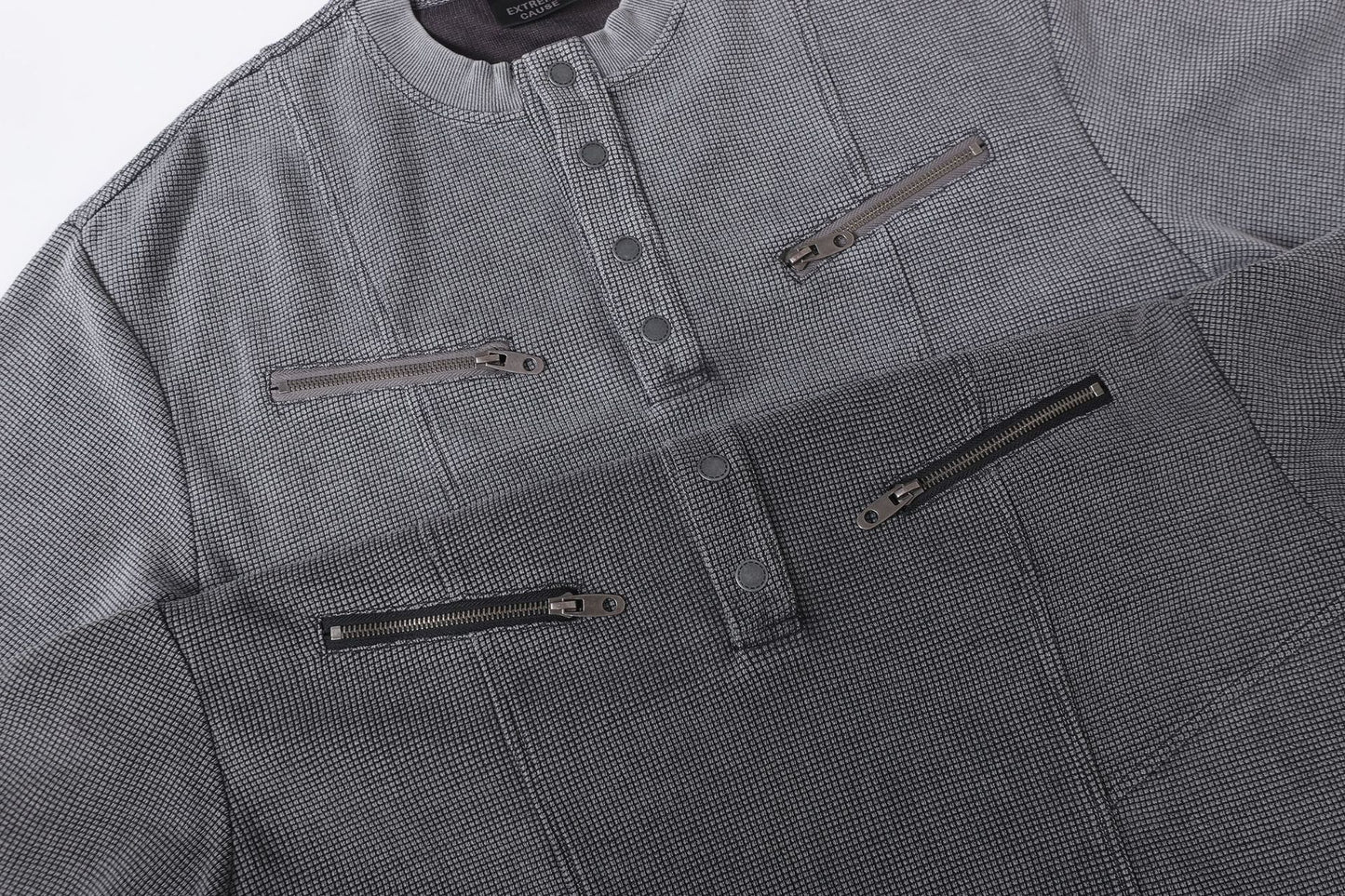 Half-Open Collar Check Wash Damage Short Sleeve T-Shirt WN25643